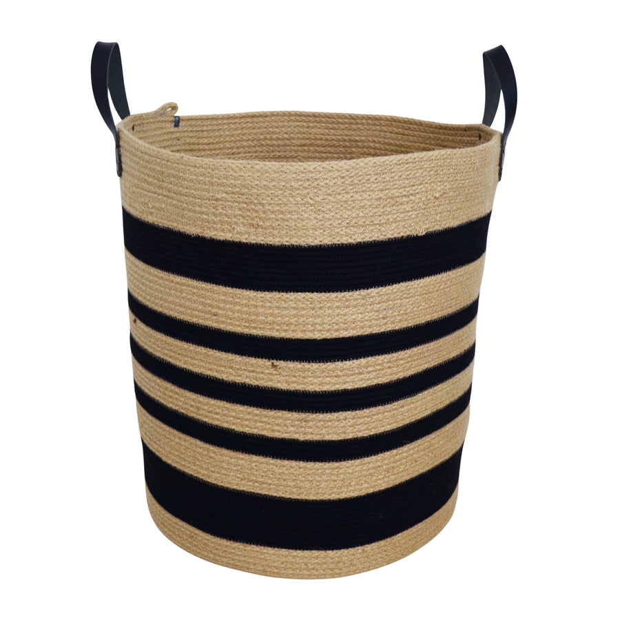 Jute Leather-Trim Black Stripe Basket in Large