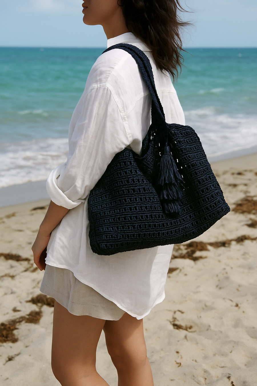 Navy Blue Raffia Tote