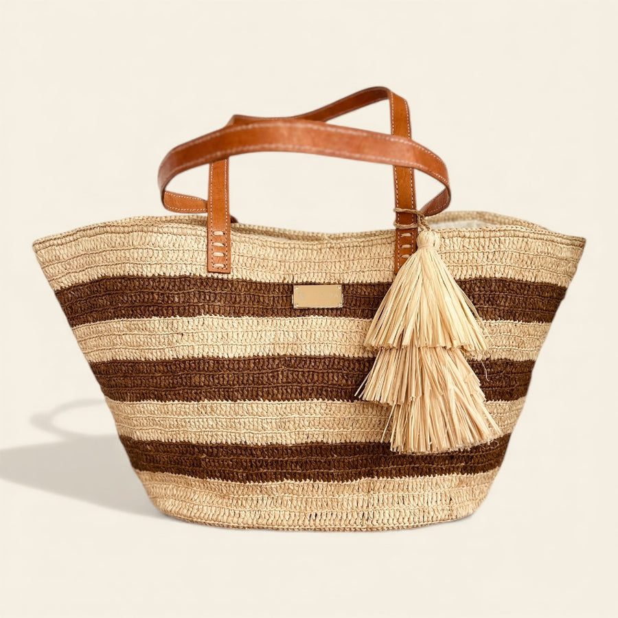Striped Brown Raffia Tote