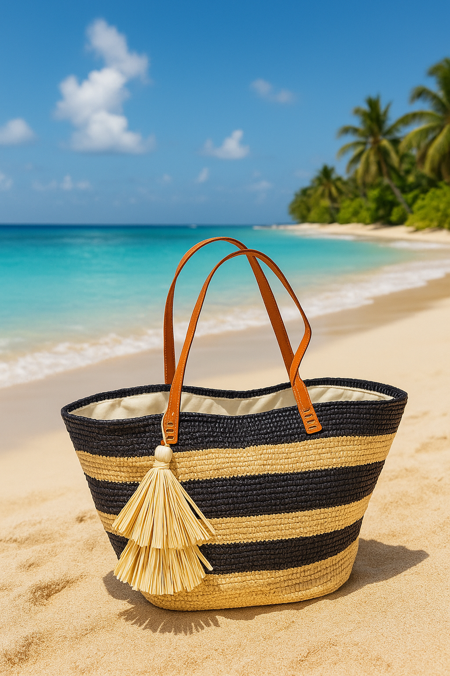 Striped Blue Raffia Tote