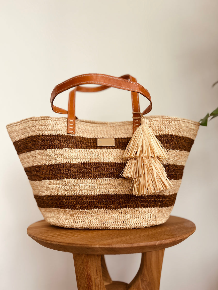 Striped Brown Raffia Tote