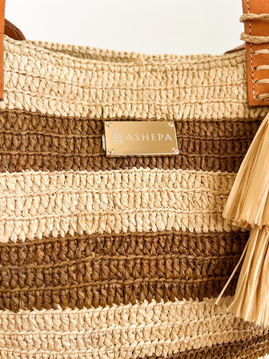 Striped Brown Raffia Tote