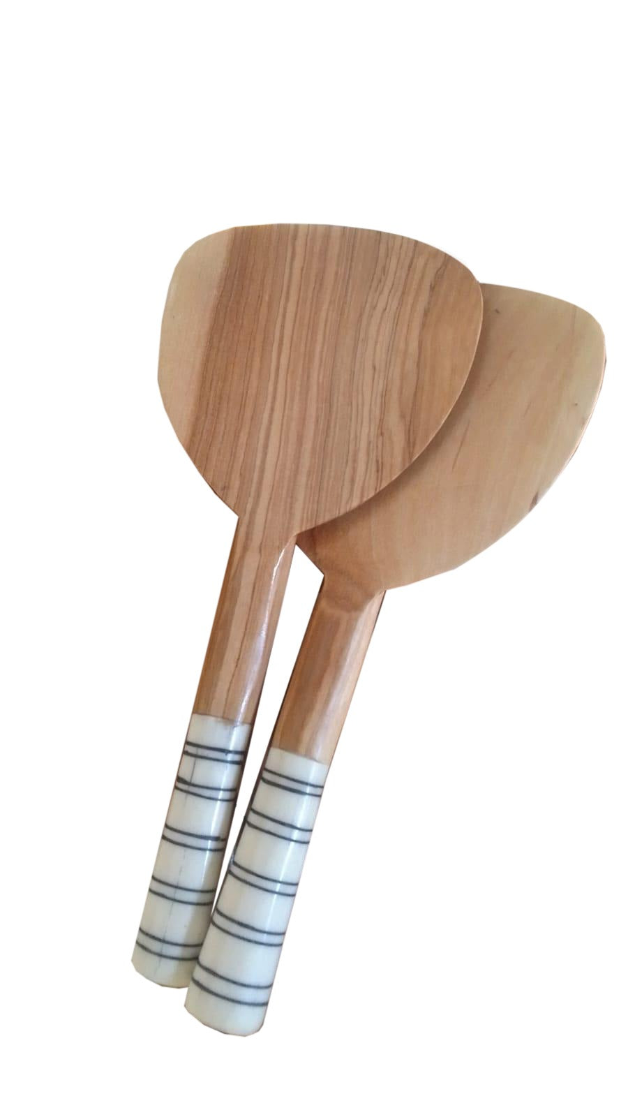 Small Salad Servers with Stripes Handle-Kenyan Olive Wood