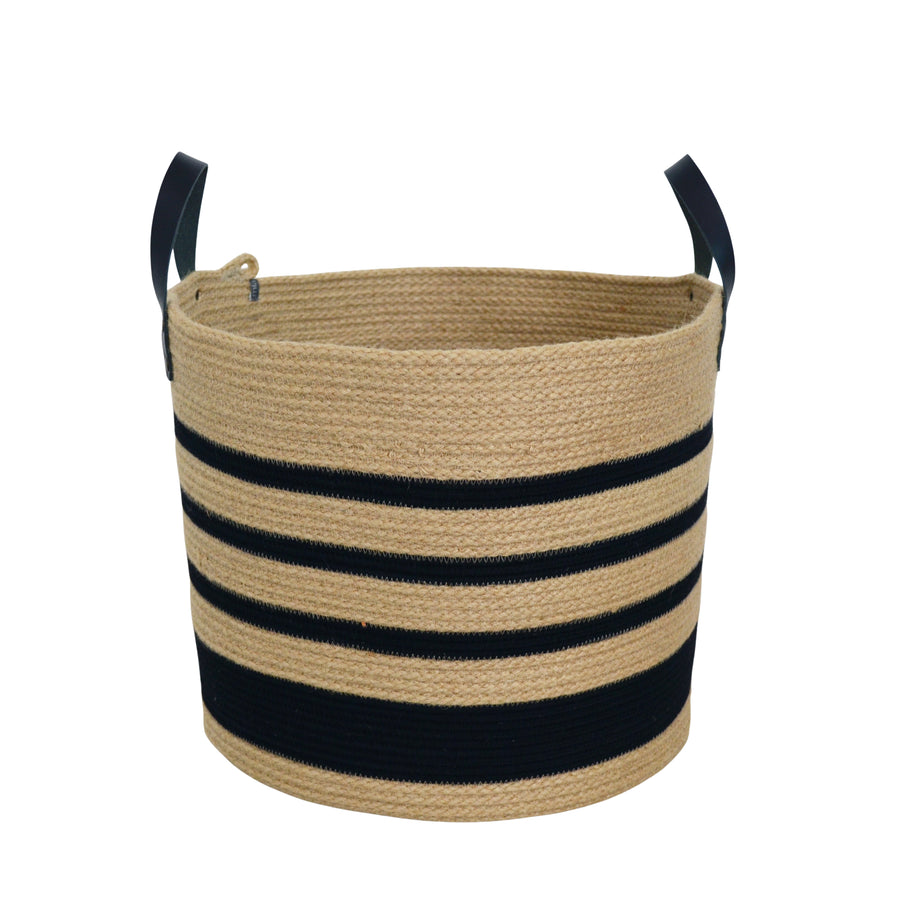 Jute Leather-Trim Black Stripe Basket in Medium